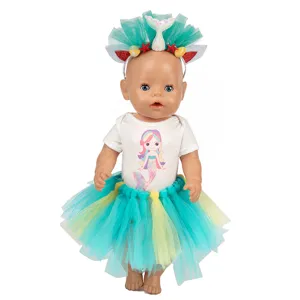 18 Zoll Puppe Meerjungfrau Outfit Tütü Rock Haarreifen Set süße Regenbogen Kleidung