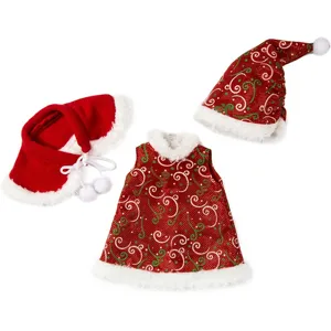 Detailansicht des Weihnachtspuppenkleidung-Sets für 45 cm Puppen mit Mütze, Kleid und Umhang.