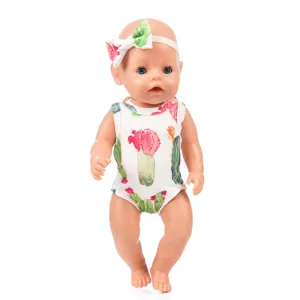Cactus print doll clothes romper with headband set for 43cm baby dolls and American girl.