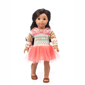 18 Zoll Puppen Kleidung Set mit langarm geometrischem Top und rosa Tütü Rock für Spielzeug.