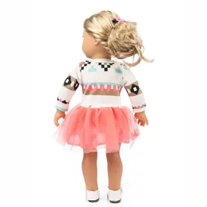 18 Zoll Puppenkleidung Set mit gemustertem Langarmshirt und rosa Tüllrock für Mädchen.
