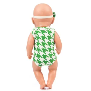 Green and white houndstooth romper and matching headband set for 43cm baby dolls back view.