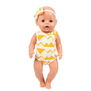 43cm baby doll clothes set with cute yellow geometric romper and matching headband for kids.