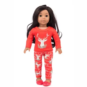 Weihnachten Puppenkleidung 45cm American Girl Puppe roter Schlafanzug mit Hirsch Motiv.
