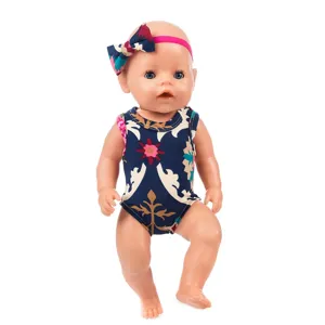 43cm baby doll bodysuit and headband set, cute floral print outfit for reborn dolls.