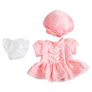 Rosa gepunktetes 18-Zoll Puppenkleidung Set mit Kleid Hut und Unterwäsche für Puppen.