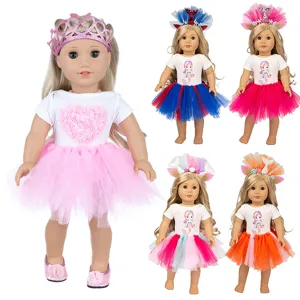 18 Zoll Puppenkleidung Meerjungfrau Tutu Rock Outfit Set Regenbogen Netz T-Shirt Stirnband Prinzessin Puppenzubehör Geschenk