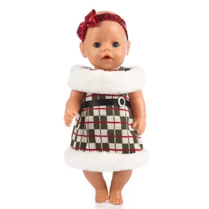 43cm baby doll clothes Christmas plaid dress set with faux fur trim and red headband for kids