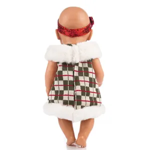 Doll clothes fit 43cm baby dolls christmas green plaid dress with white faux fur trim.