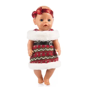 Christmas doll clothes set with red sequin headband and festive dress for 43cm baby dolls.