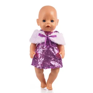 43cm baby doll with purple sequin dress and white fluffy cape accessories for dressing up.