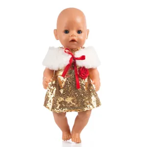 18 inch doll clothes gold sequin dress and white fur shawl set for 43cm baby dolls