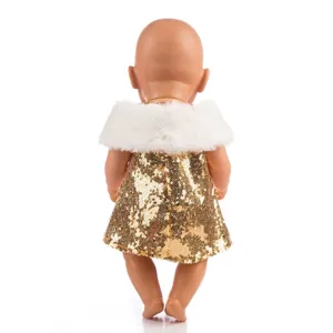 Gold sequin dress with white plush collar for 43cm dolls, detailed back view of fashion outfit.
