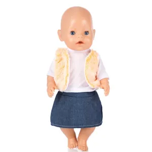 Detailed view of 43cm baby doll outfit featuring a white tee, furry vest, and denim skirt.
