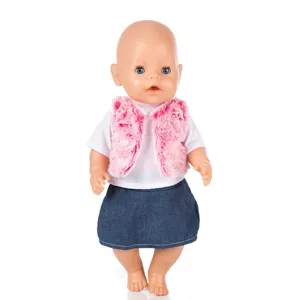 43cm baby doll clothes set including pink furry vest, white t-shirt and denim skirt.