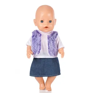 43cm baby doll clothes set with white t-shirt purple furry vest and denim skirt for dress up.