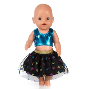 43cm baby doll clothes set with metallic blue crop top and black star tutu skirt outfit.