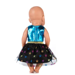 Doll clothes set for 43cm baby dolls, shiny blue top and black star tutu skirt outfit.