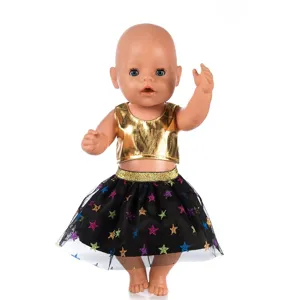 Gold metallic crop top and star tutu skirt set for 43cm baby dolls and fashion dress up toys.