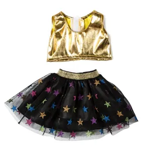 18 inch doll clothing detail, shiny gold top and black star mesh skirt outfit set.