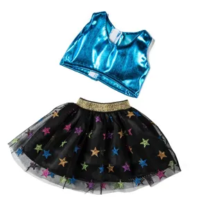 18 inch doll clothes set metallic blue crop top black star tulle skirt for doll dress up