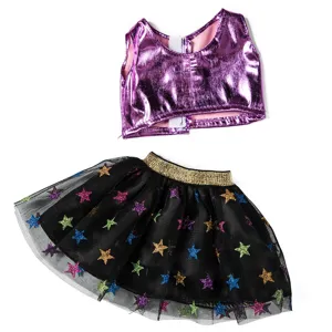 Doll clothes set featuring a purple metallic crop top and a black star glitter tutu skirt.