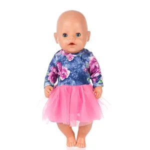 Doll clothes outfit set featuring a blue floral long sleeve top and pink tutu skirt for 43cm.