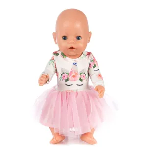 Doll clothes set for 43cm baby dolls, white floral unicorn top and pink tutu skirt dress.