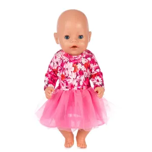 43cm baby doll with pink floral long-sleeve top and tulle skirt cute dress up toy gift.
