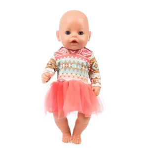 Doll clothes set for 43cm baby dolls, featuring a geometric pattern top and pink tutu skirt.