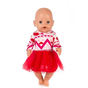 Detailed view of 43cm doll clothes set, featuring a cute heart pattern top and red tutu skirt.