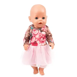 Floral long sleeve top and pink tutu dress outfit for 43cm baby dolls and 18-inch girl dolls.