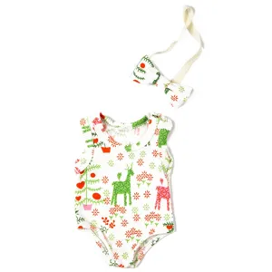 Doll clothes set with sleeveless romper and bow headband featuring cute Christmas deer print.