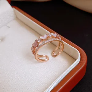 Korean style simple zircon mother of pearl double layer heart open ring for women fashion jewelry.