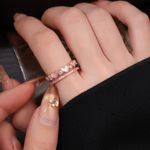 Korean style double layer heart zircon mother of pearl open ring fashion jewelry for women