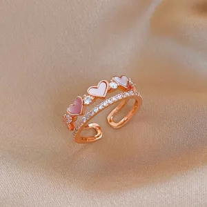 Korean minimalist pink mother-of-pearl heart double layer open ring with sparkling zircon for women.