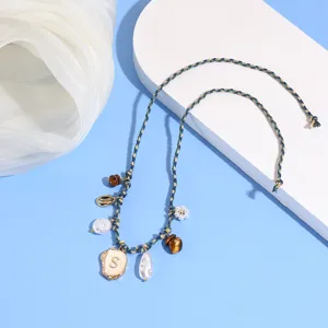Bohemian braided pearl shell anklet with letter S pendant for summer beach vacation