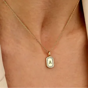 Koperen Beginletter Ketting Voor Vrouwen Goud Vergulde Vierkante Schelp Hanger Strass Kettingen Minimalistisch Lichte Luxe Sieraden Cadeau