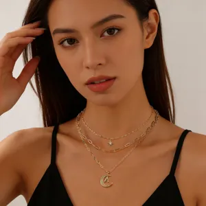 Stunning multi-layer layered necklace featuring sparkling star and moon letter A pendant jewelry.