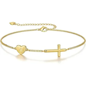 Braccialetto in Rame con Cuore Croce Alfabeto per Donna Bracciale con Ciondolo Iniziale Personalizzato Gioielli Placcati in Oro Regalo Mamma
