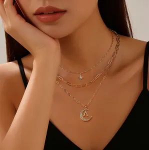 Multi-layer star moon pendant necklace with letter A, stylish gold clavicle chain