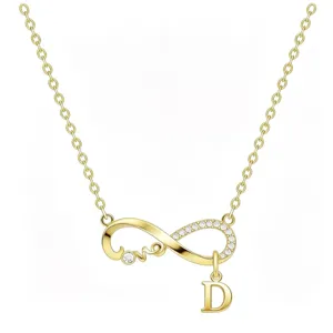 Collana con simbolo infinito dorato, zirconi luminosi, ciondolo lettera D e scritta love.