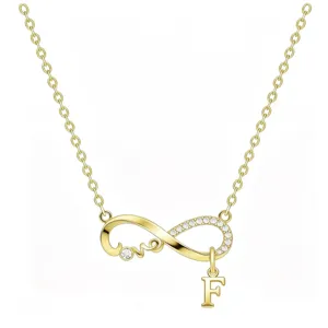 Elegante collana con simbolo dell'infinito e ciondolo lettera F con cristalli, gioiello raffinato.