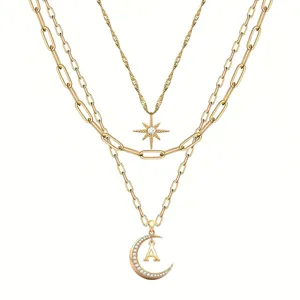 Fashion Layered Copper Rhinestone Pendant Necklace Chic Star Moon Initial Alphabet Choker Necklace Gold Color Clavicle Chain For Women Jewelry