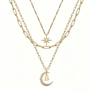 Multi-layer layered gold necklace with star and moon rhinestone letter B pendant fashion jewelry