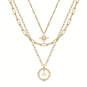 Collana Multistrato Vintage in Rame Lega Strass Con Ciondolo a Forma di Bussola Iniziale Esagramma Girocollo Gioielli da Donna