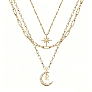 Gold layered star moon initial E pendant necklace fashion multi chain choker jewelry gift details