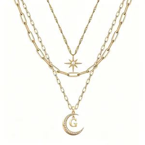 Gold layered chain necklace with star and moon pendant letter G for women fashion jewelry