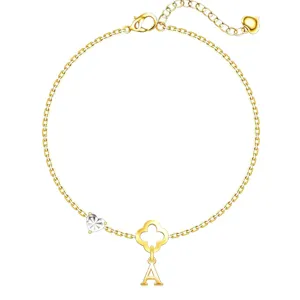 Mode Kupfer Gold Überzogen Armband Hohl Vierblättriges Kleeblatt Herz Strass Buchstabe Anhänger Armband Verstellbar Schmuck Für Damen
