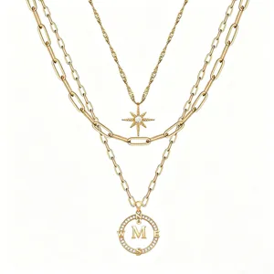Donna vintage collana d'oro multistrato a strati con ciondolo stella bussola lettera gioielli